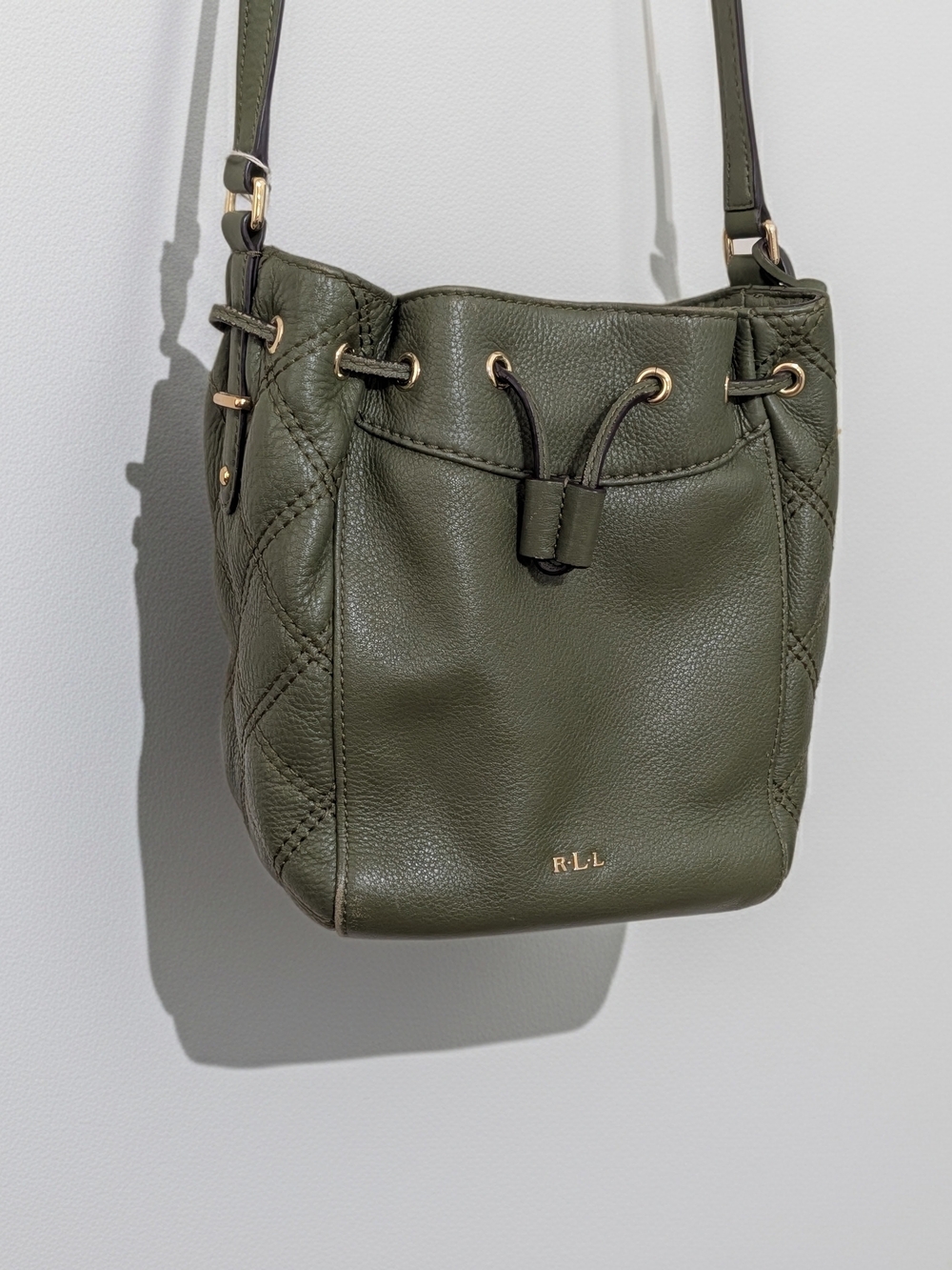 Lauren Ralph Lauren Olive Green Leather Drawstring Bucket Bag